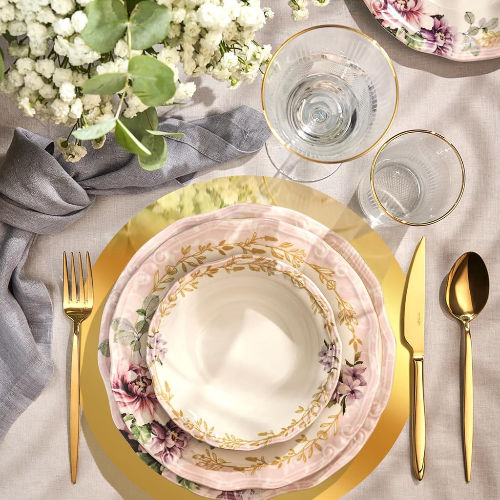 KesaPlan 50PCS 13in Round Gold Placemats, Disposable Paper Chargers Plate