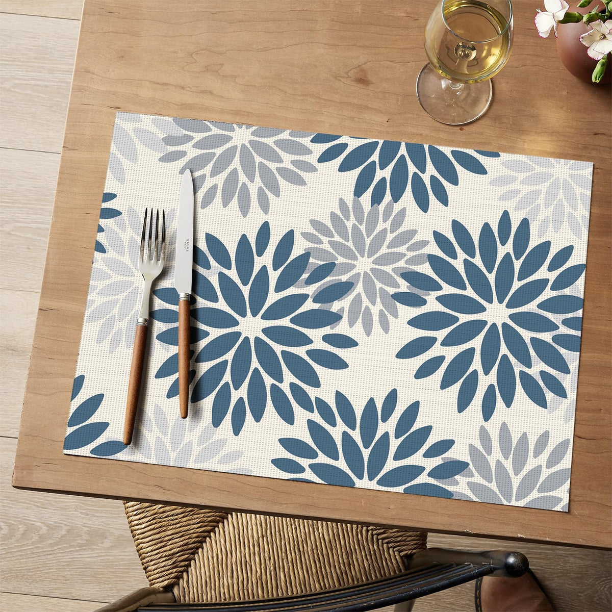 Artoid Mode Floral Vinyl Plistic Placemats Set of 6, Heat Resistant Washable Non-Slip PVC Place Mats for Party Kitchen Dining Decor, Blue Grey