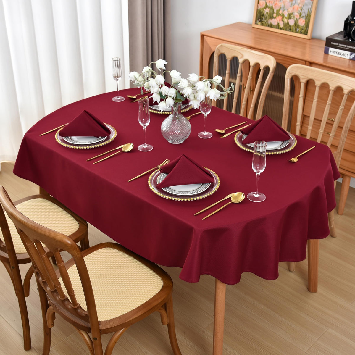 Burgundy Oval Tablecloth, 60 x 84 Inch, Stain and Wrinkle Resistant Machine Washable Polyester Table Cloth, Fabric Table Cover for Dining Buffet Party and Outdoor Use