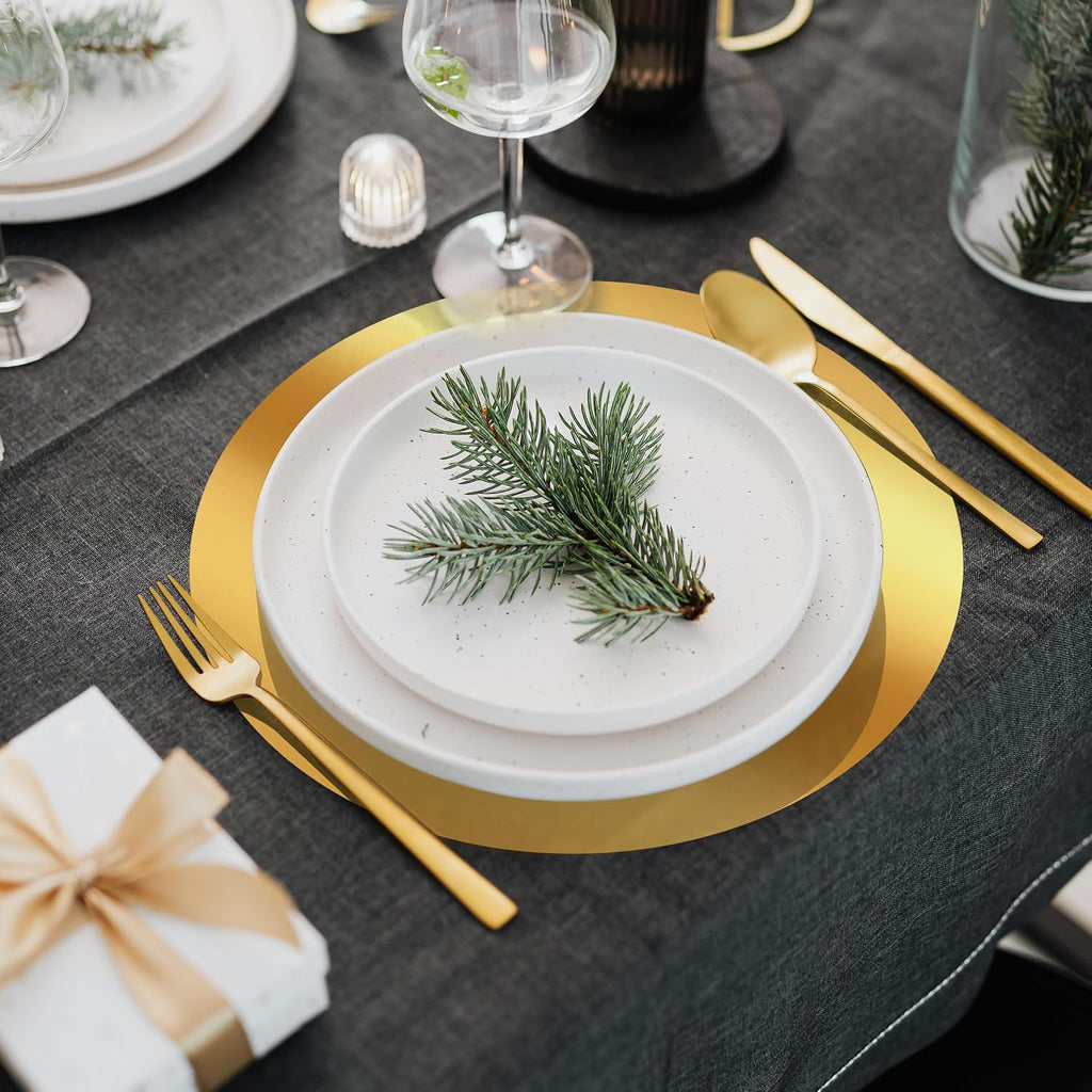 KesaPlan 50PCS 13in Round Gold Placemats, Disposable Paper Chargers Plate