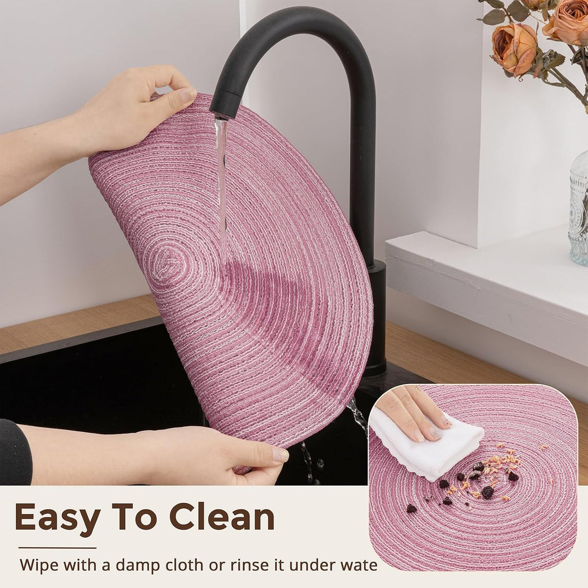 Topotdor Round Placemats Set of 6,Washable Woven Table Mats,Pink