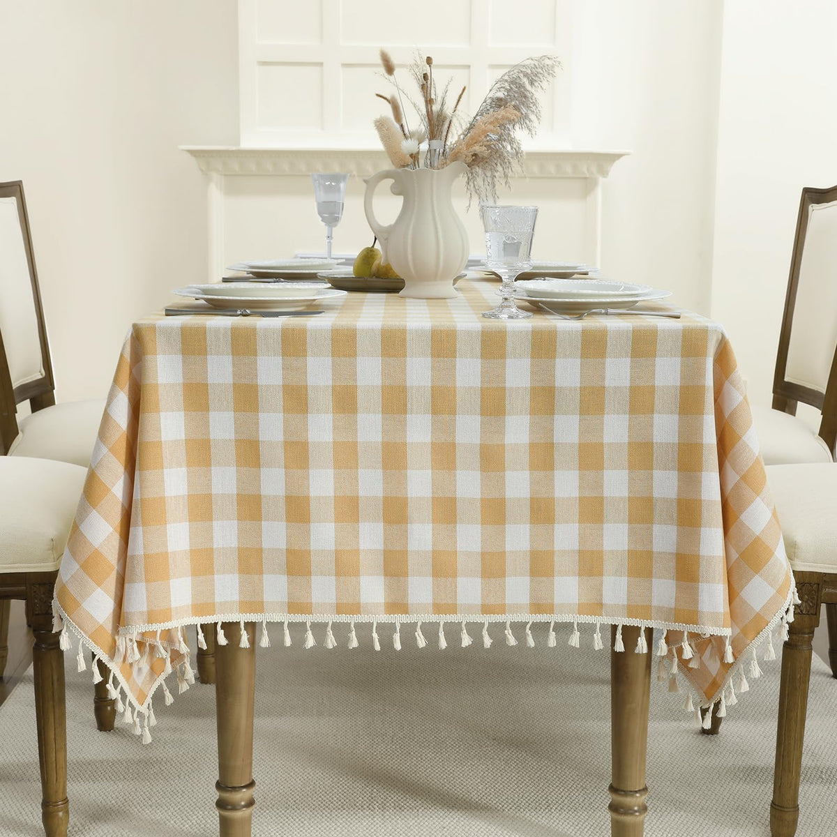 Romanstile Gingham Tassel Tablecloth Rectangle - 55 x 70 Inch, Sage Green