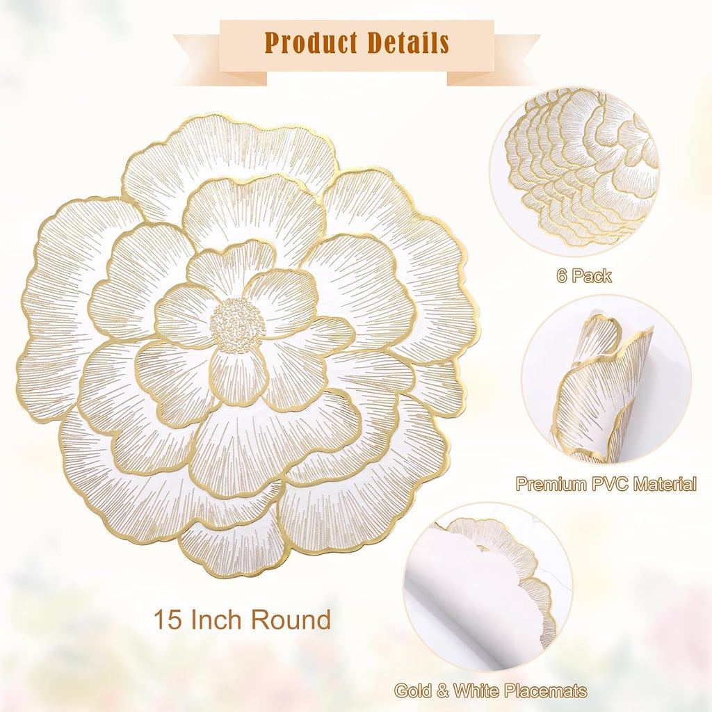 Gold Flower Placemats Set of 6, Metallic Pressed Vinyl Round Table Mats