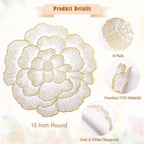 Gold Flower Placemats Set of 6, Metallic Pressed Vinyl Round Table Mats