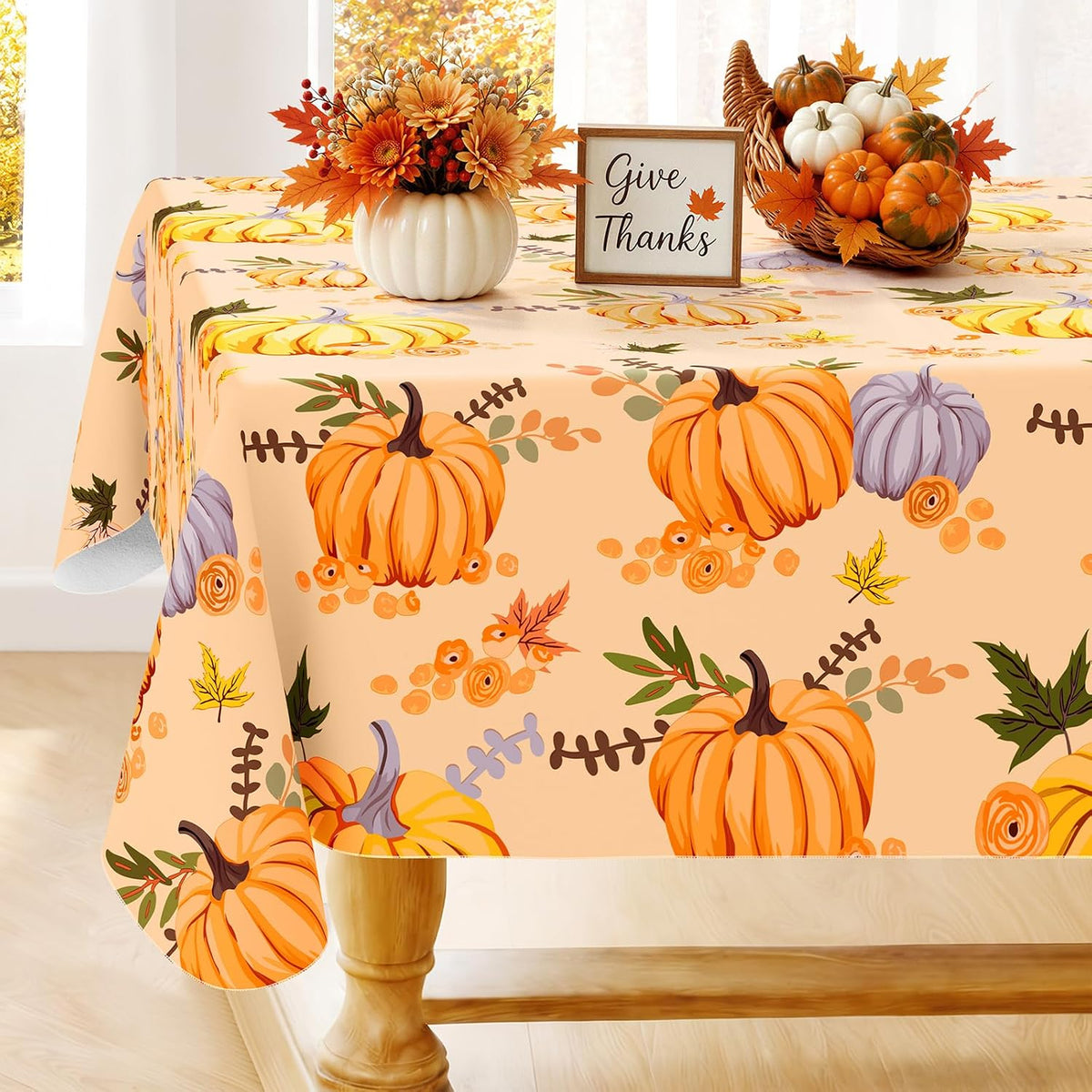 Smiry Fall Rectangle Table Cloth, Waterproof Vinyl Tablecloth with Flannel Backing, Wipeable Autumn Pumpkin Plastic Tablecloths for Harvest and Thanksgiving Parties, (Orange, 60"x84")