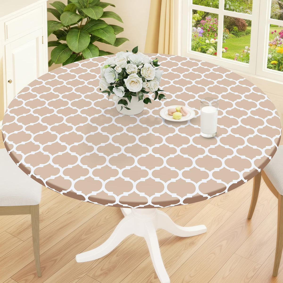 Smiry Round Picnic Tablecloth, Waterproof Elastic Fitted Table Covers for 45" - 56" Tables, Wipeable Flannel Backed Vinyl Tablecloths for Camping, Indoor, Outdoor, Brown
