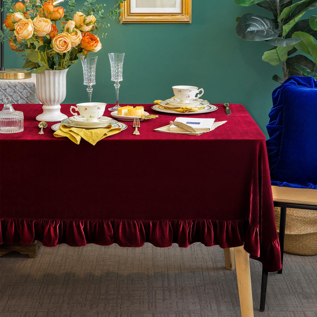 GLORY SEASON Velvet Tablecloth Luxurious Solid Rectangle Table Cloth,Oblong Retro Farmhouse Ruffle Tablecloths Washable Table Cover for Party Olive Green,52x70 Inches