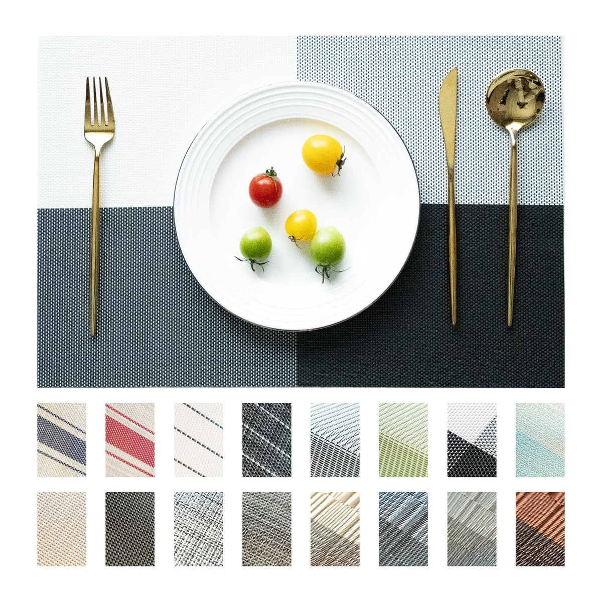 Placemats Set of 6 Vinyl/Plastic Woven Place Mats for Kitchen Table Indoor/Outdoor Washable Placemat Wipeable Dining Table Mats (Aurora Gold,6)