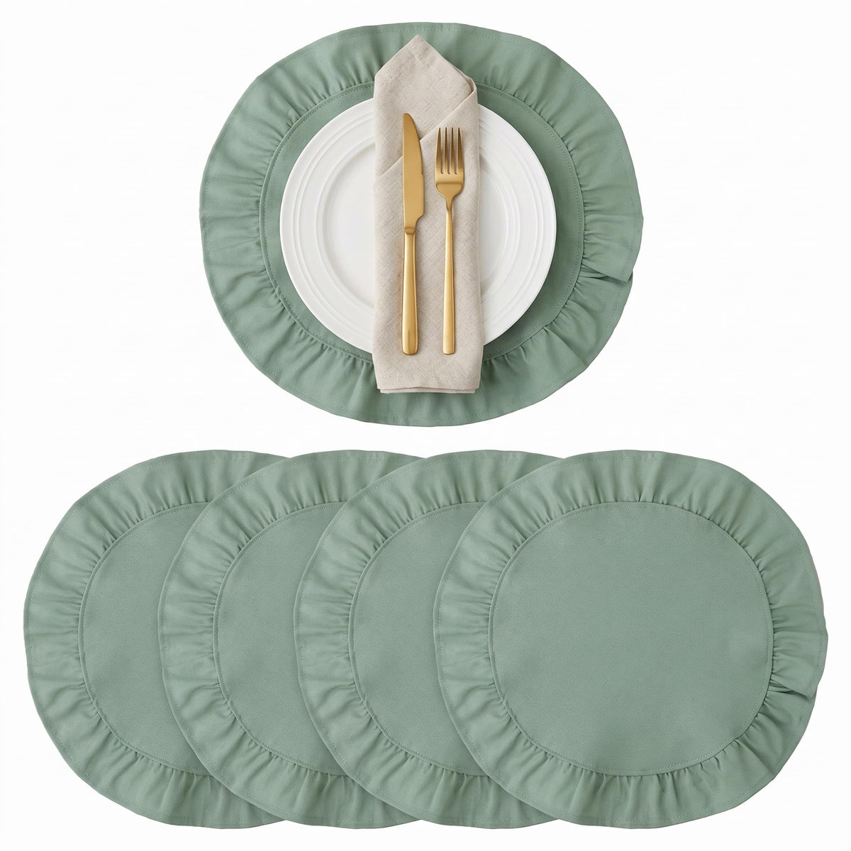 Round Ruffled Linen Blend Placemats, 15 Inch Scalloped Table Mats, Set of 4