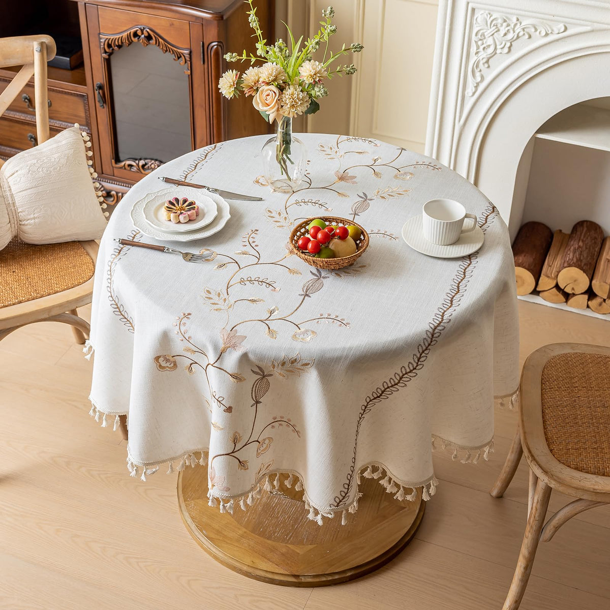 Joyfol Day Linen Waterproof Tablecloth with Tassels, Rustic Farmhouse Flowers Embroidery Table Cloths for Rectangle Tables, Heavy Weight Spill-Proof Table Covers, Coffee Florals, 55''x 120''