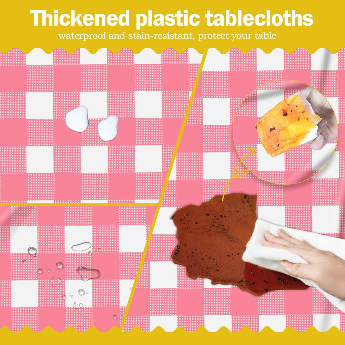 tujol Pink and White Checkered 6 Pack Plastic Table Cloth 54" x 108"