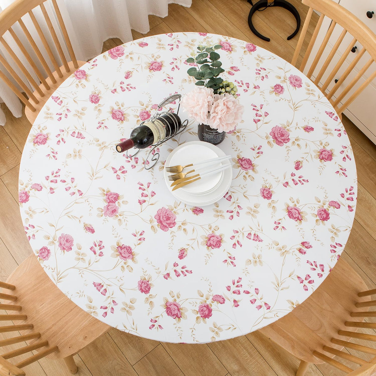 Pioggia Round Vinyl Fitted Tablecloth with Flannel Backing Elastic Table Cloth Waterproof Oil-Proof Plastic Table Cover Best for 37"-44" Round