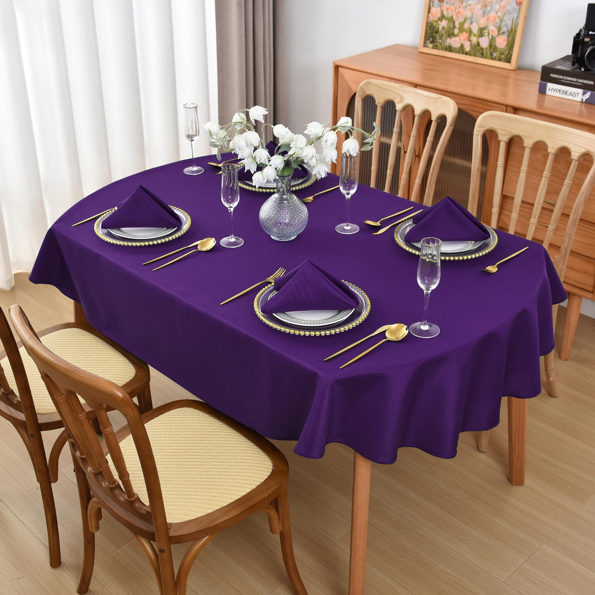 Burgundy Oval Tablecloth, 60 x 84 Inch, Stain and Wrinkle Resistant Machine Washable Polyester Table Cloth, Fabric Table Cover for Dining Buffet Party and Outdoor Use