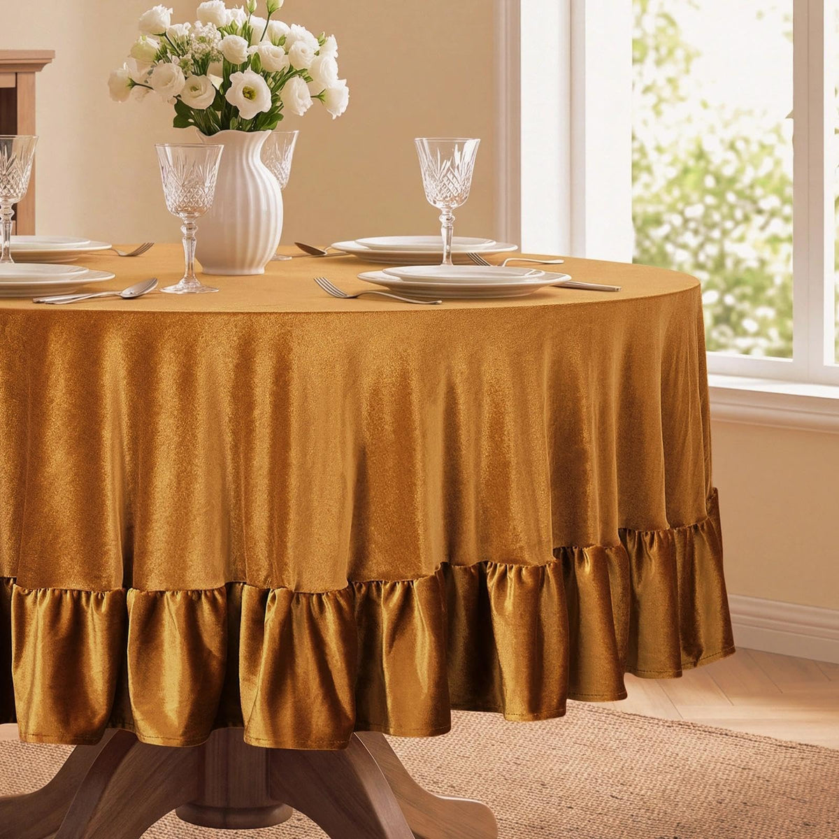 Romanstile Velvet Ruffle Rectangle Tablecloth, 60 x 84 Inch Olive Green