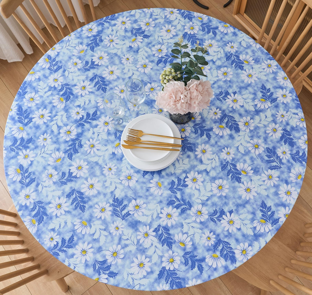 Pioggia Round Vinyl Fitted Tablecloth with Flannel Backing Elastic Table Cloth Waterproof Oil-Proof Plastic Table Cover Best for 37"-44" Round
