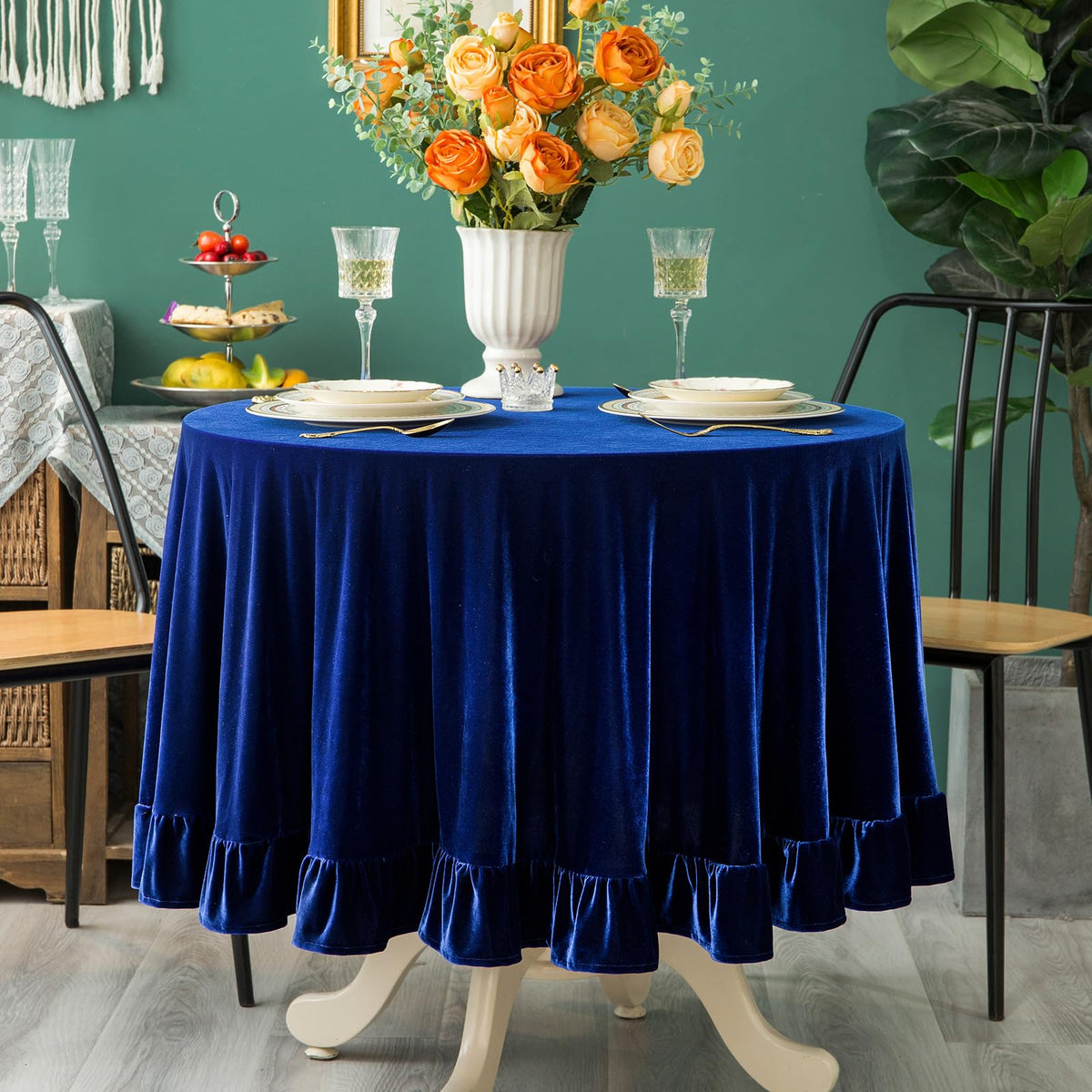 GLORY SEASON Velvet Tablecloth Luxurious Solid Rectangle Table Cloth,Oblong Retro Farmhouse Ruffle Tablecloths Washable Table Cover for Party Olive Green,52x70 Inches