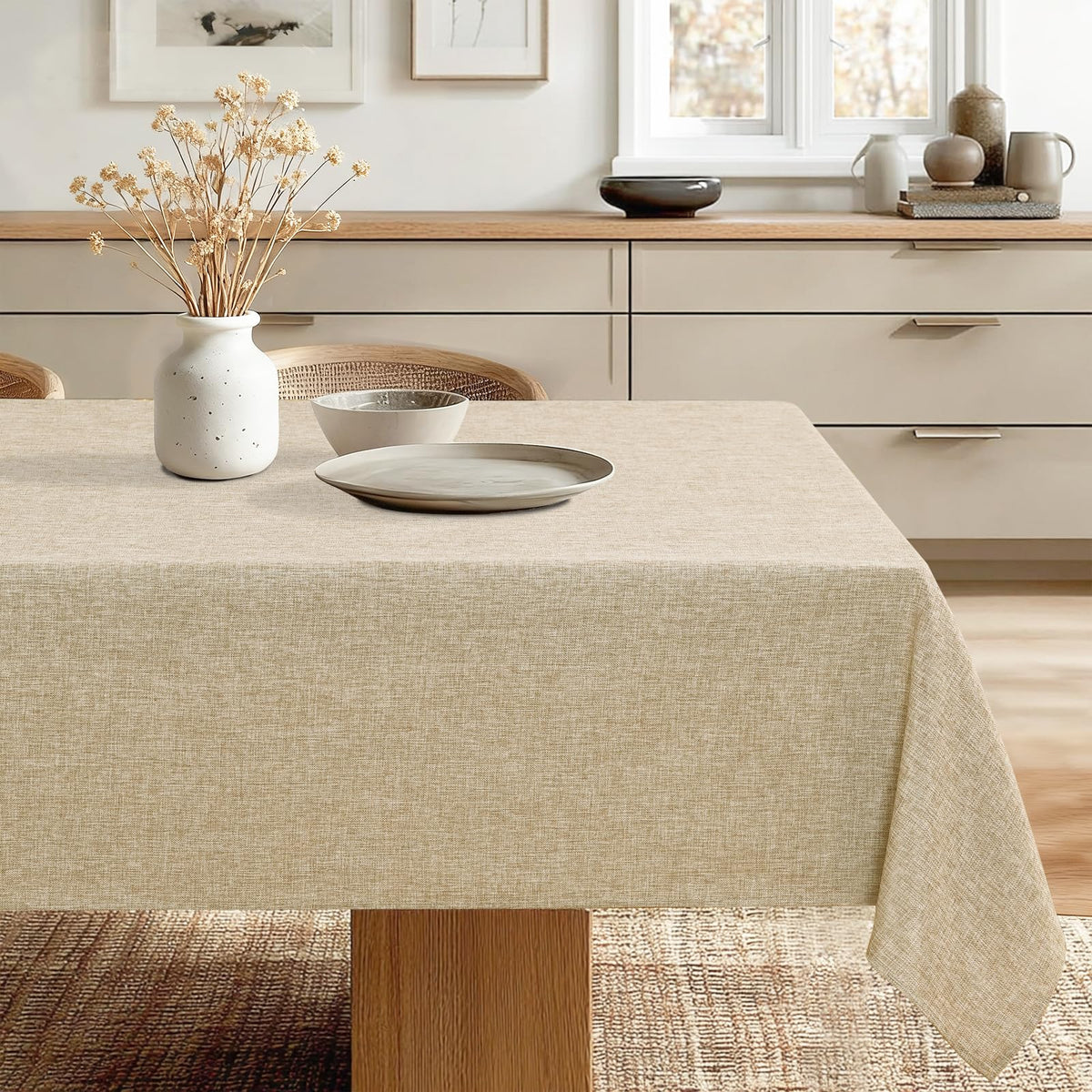 JIUZHEN Rectangle Table Cloth Faux Linen Farmhouse Tablecloth, Wrinkle and Stain Resistant Decorative Fabric Rectangular Spring Table Cover for Dining/Party/Birthday/Wedding, Beige, 54 x 80 Inch