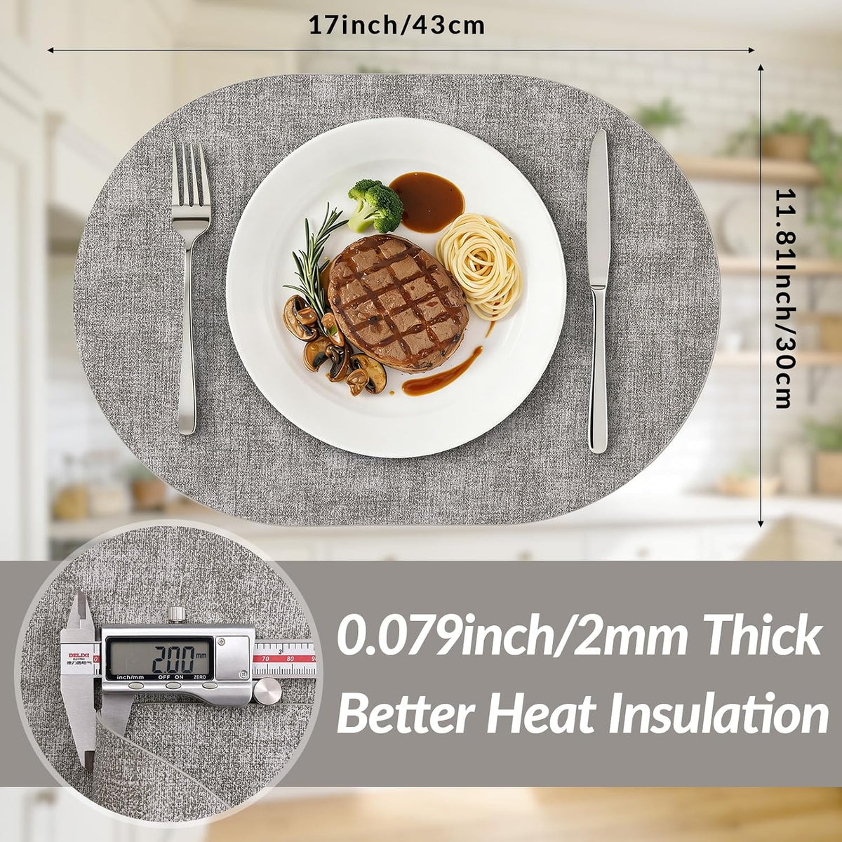 homing Heat Resistant Oval Placemats Set of 6, Light Grey