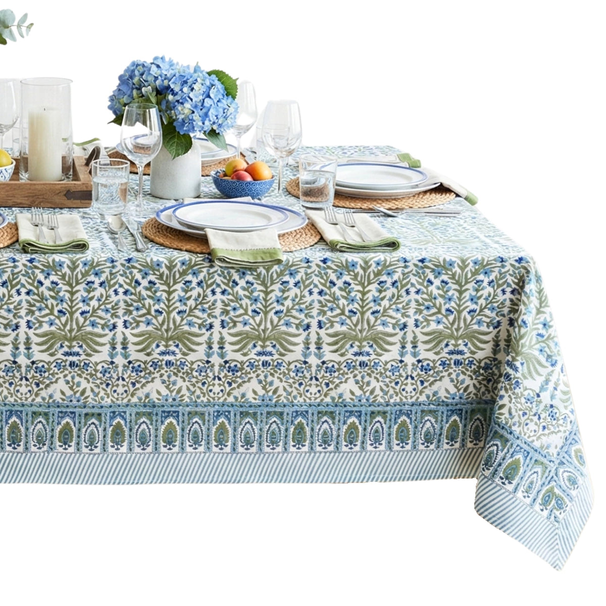 ATOSII Cotton Blockprint Rectangle Table Cloth, Clover Blue, 108" X 60"
