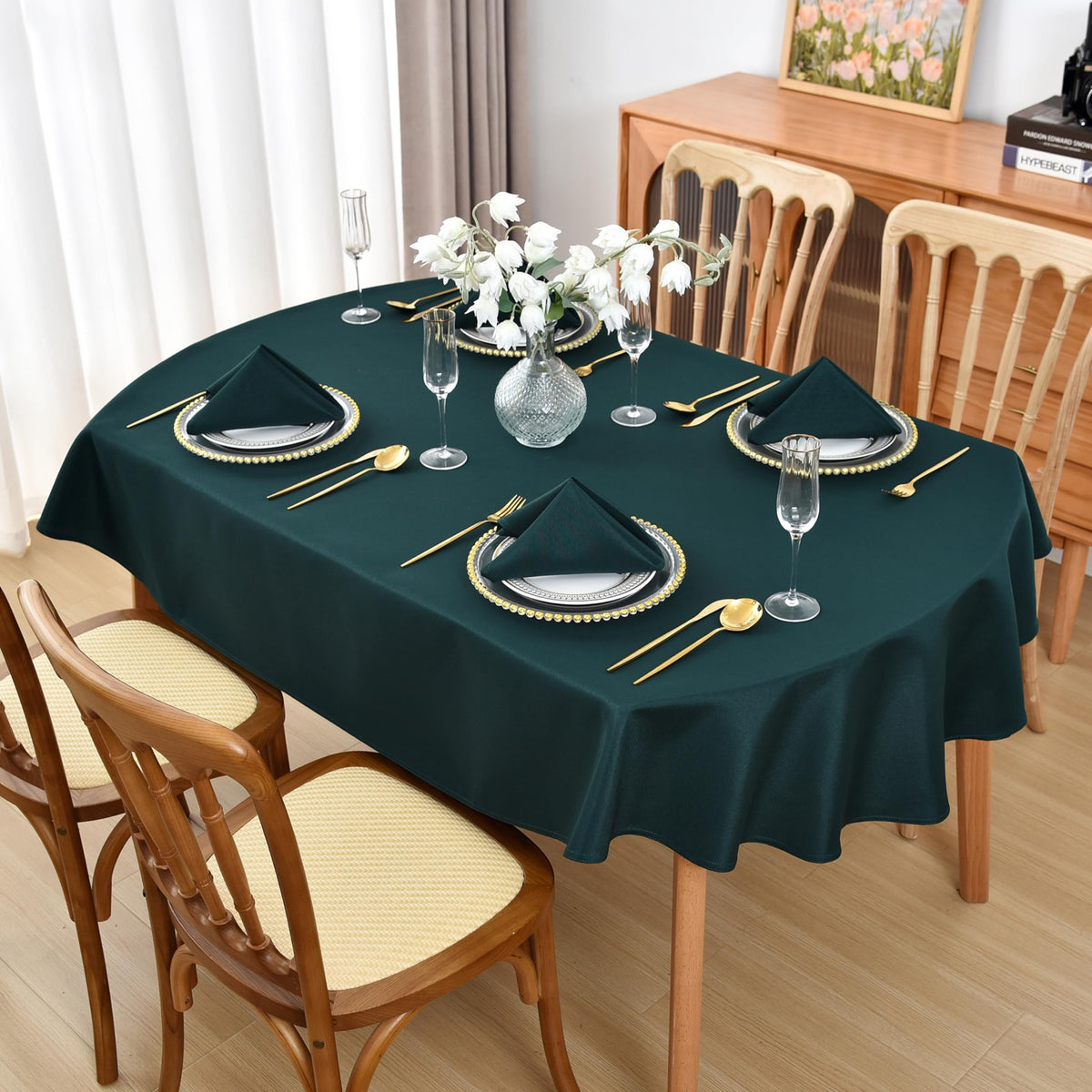 Burgundy Oval Tablecloth, 60 x 84 Inch, Stain and Wrinkle Resistant Machine Washable Polyester Table Cloth, Fabric Table Cover for Dining Buffet Party and Outdoor Use