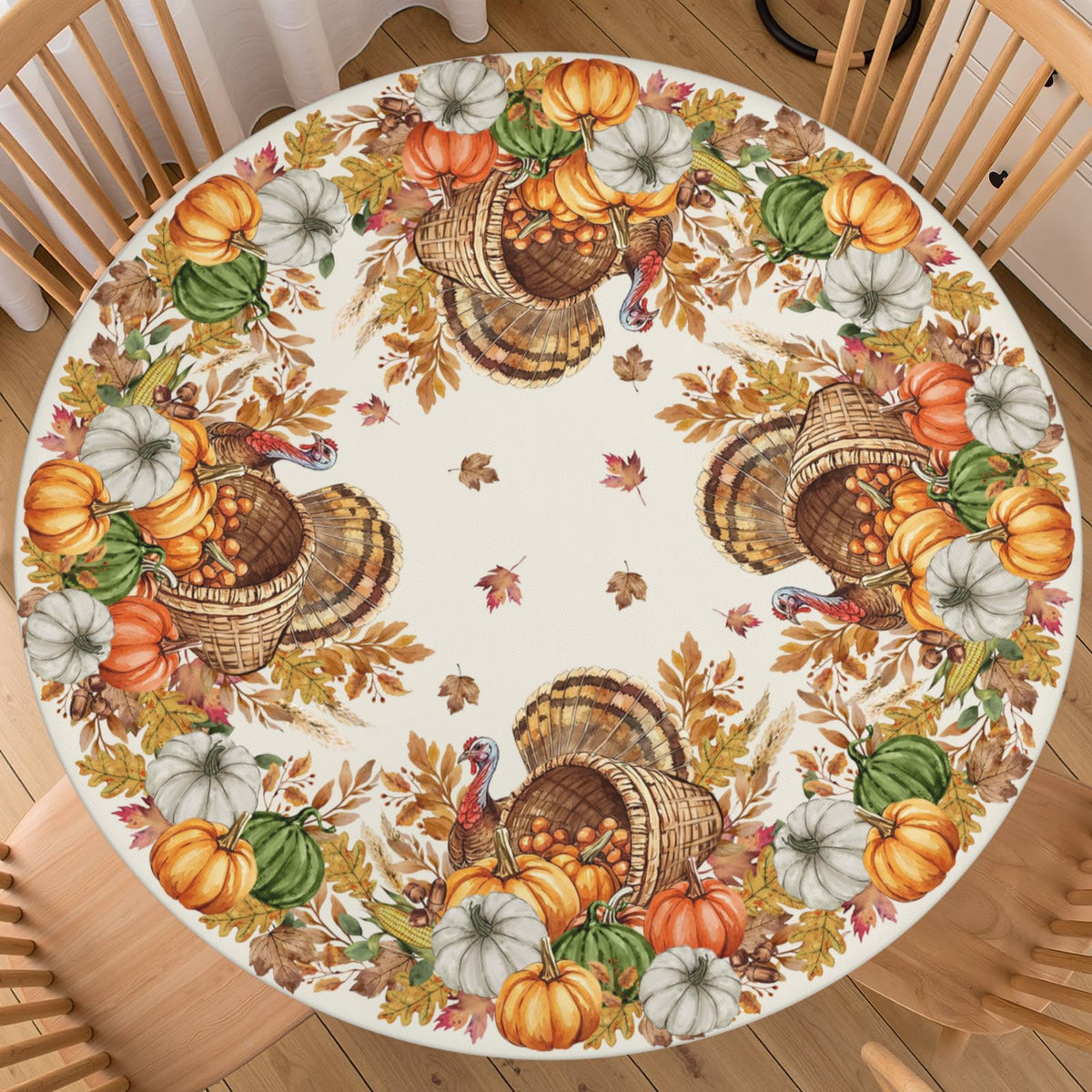 Fall Maple Leaves Round Fitted Tablecloth 40-44 inch, Autumn Leaf Berry Thanksgiving Table Cloth Elastic Edge,Vintage Farmhouse Table Cover Waterproof Washable, Picnic Camping Dining Party Decor