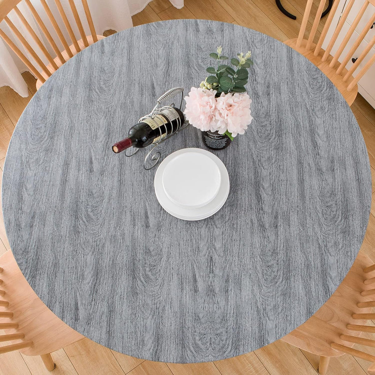 Pioggia Round Vinyl Fitted Tablecloth with Flannel Backing Elastic Table Cloth Waterproof Oil-Proof Plastic Table Cover Best for 37"-44" Round