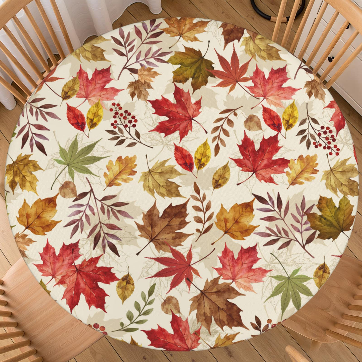 Fall Maple Leaves Round Fitted Tablecloth 40-44 inch, Autumn Leaf Berry Thanksgiving Table Cloth Elastic Edge,Vintage Farmhouse Table Cover Waterproof Washable, Picnic Camping Dining Party Decor