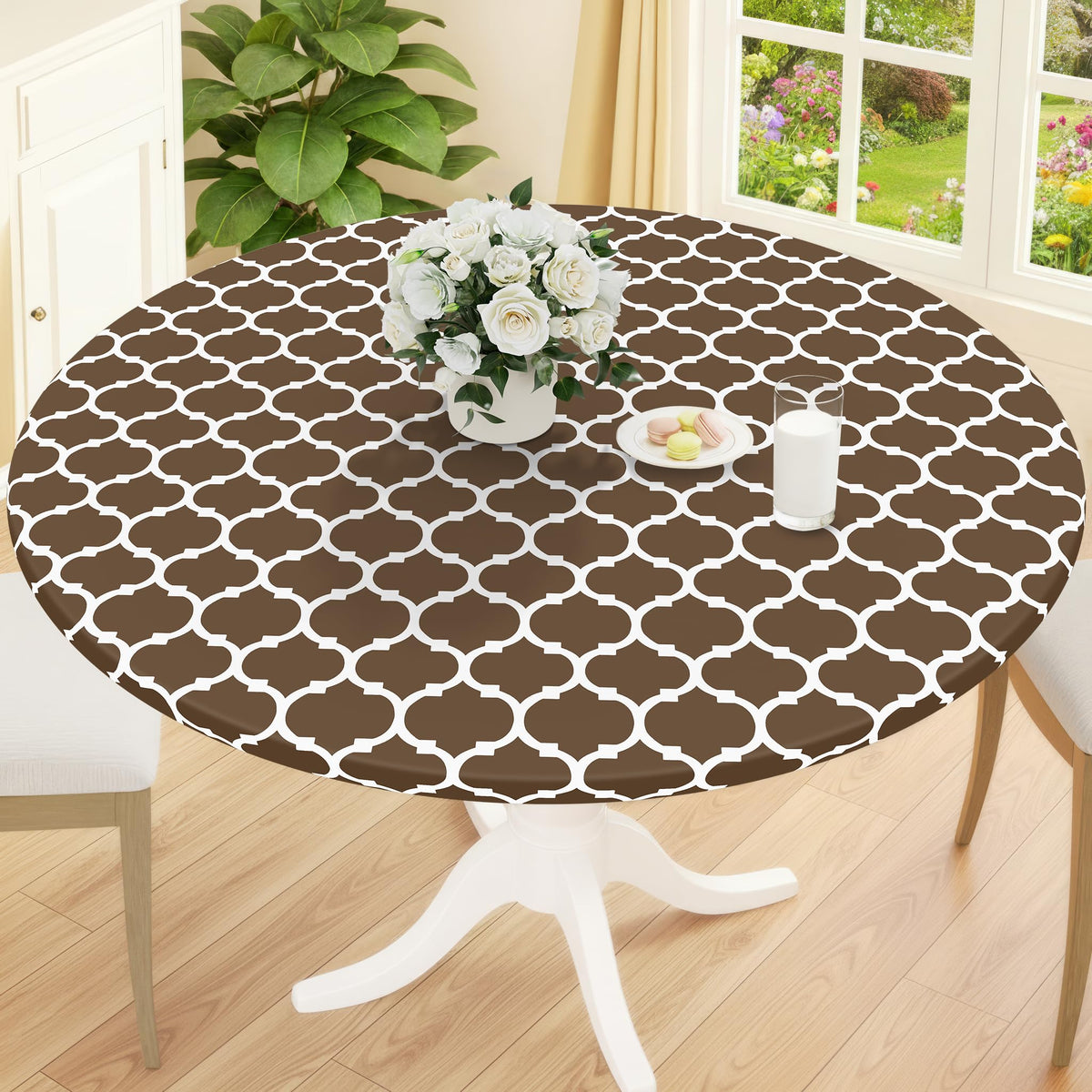 Smiry Round Picnic Tablecloth, Waterproof Elastic Fitted Table Covers for 45" - 56" Tables, Wipeable Flannel Backed Vinyl Tablecloths for Camping, Indoor, Outdoor, Brown