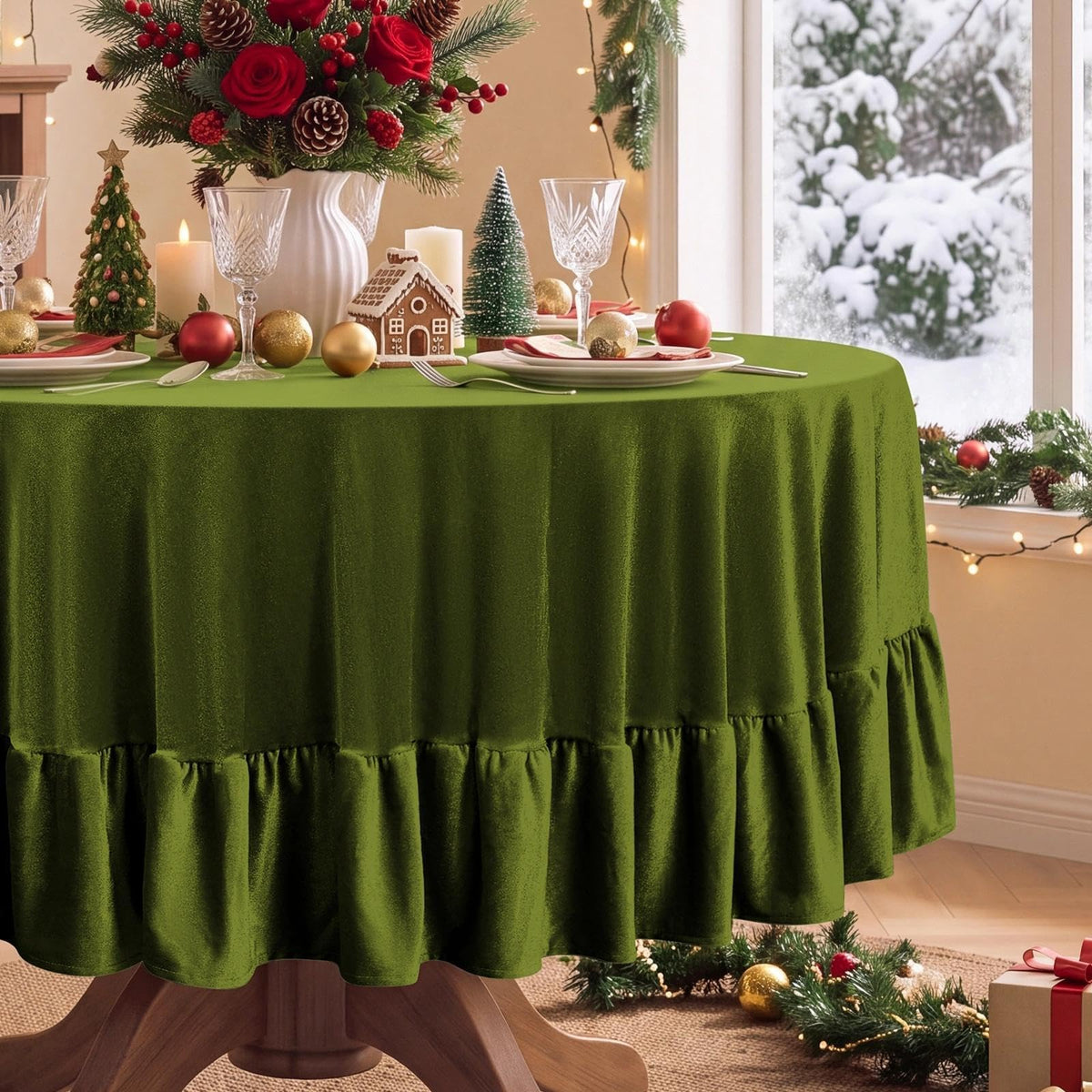 Romanstile Velvet Ruffle Rectangle Tablecloth, 60 x 84 Inch Olive Green