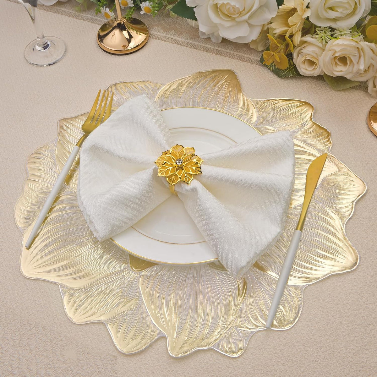 Gold Placemats Set of 6, Creative 3D Flower Placemats Waterproof Oil-Proof