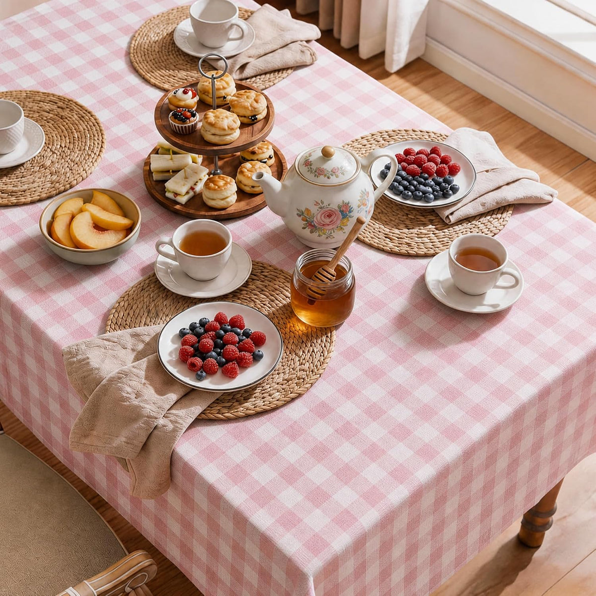 Gingham Tablecloth Rectangle Table, Cotton Linen Fabric Picnic Checkered Table Cloth Farmhouse Washable Wrinkle Free Buffalo Plaid Table Cover for Outdoor Birthday Party, Pink, 60x106