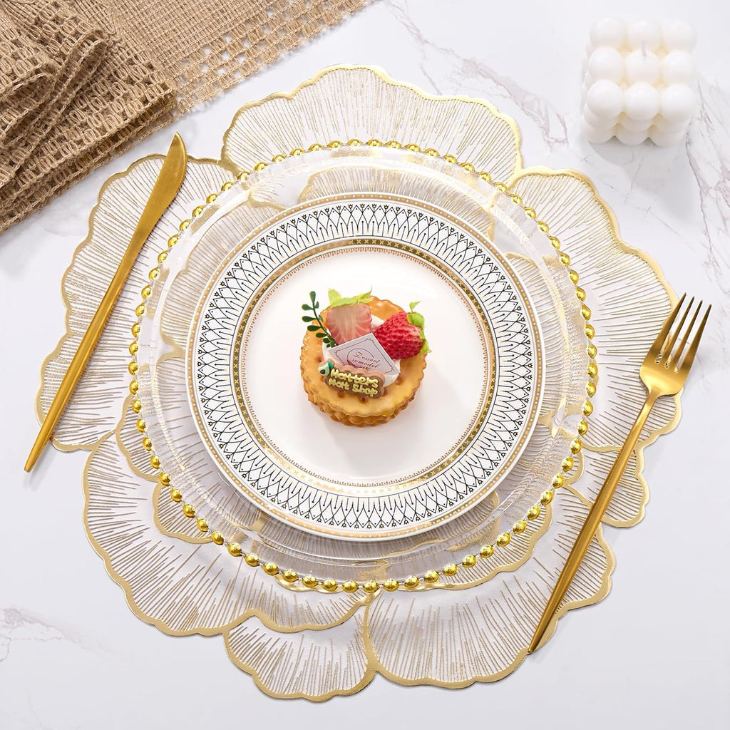 Gold Flower Placemats Set of 6, Metallic Pressed Vinyl Round Table Mats