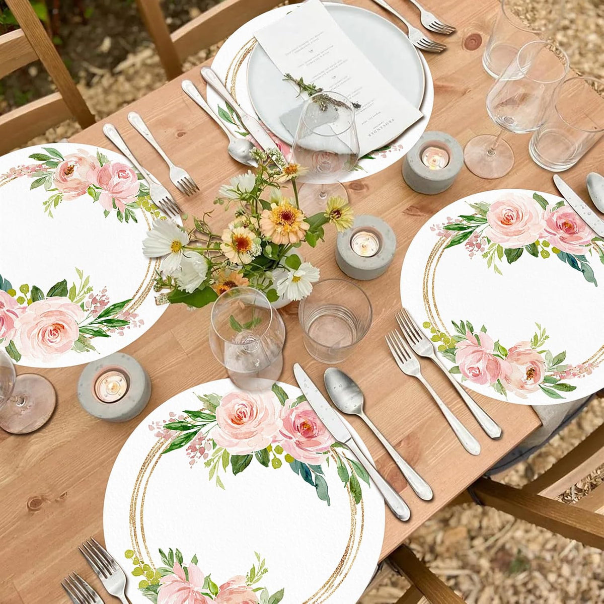 100 Pack Paper Placemats Disposable Pink Floral Wedding Disposable Placemats 13.7 Inch Rose Floral Round Place Mats Spring Summer Table Mats for Birthday Wedding Anniversary Bride Party Supplies