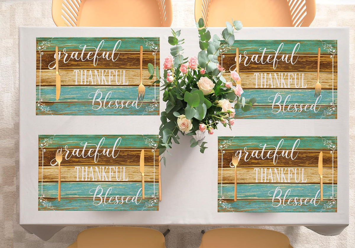 Farmhouse Teal Placemats Set of 4 Thankful Blessed Table Mats