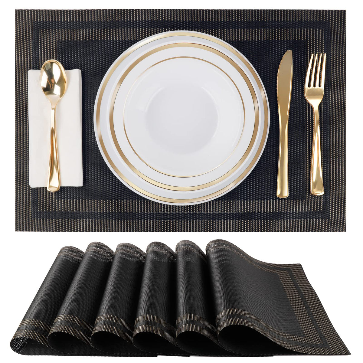 Placemats, Placemats Set of 6, Table Place Mats for Kitchen Dining, Heat-Resistant Anti-Skid Stain Washable PVC Table Mats, Easy to Cleaning Woven Vinyl Dinner Mats (Gold)