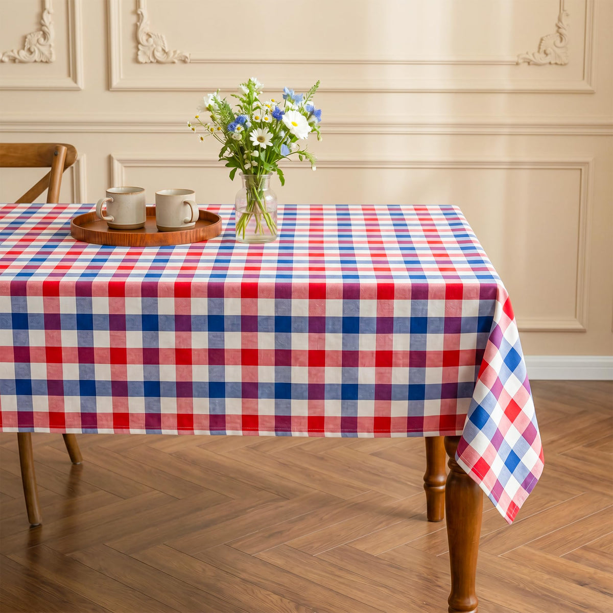 Red White Buffalo Plaid Waterproof Tablecloth for Outdoor Use Picnic Table Cover for Holiday Dinner, Farmhouse Kitchen, Patio Dining, Reusable Checkered Table Cloth, W60 x L84 in