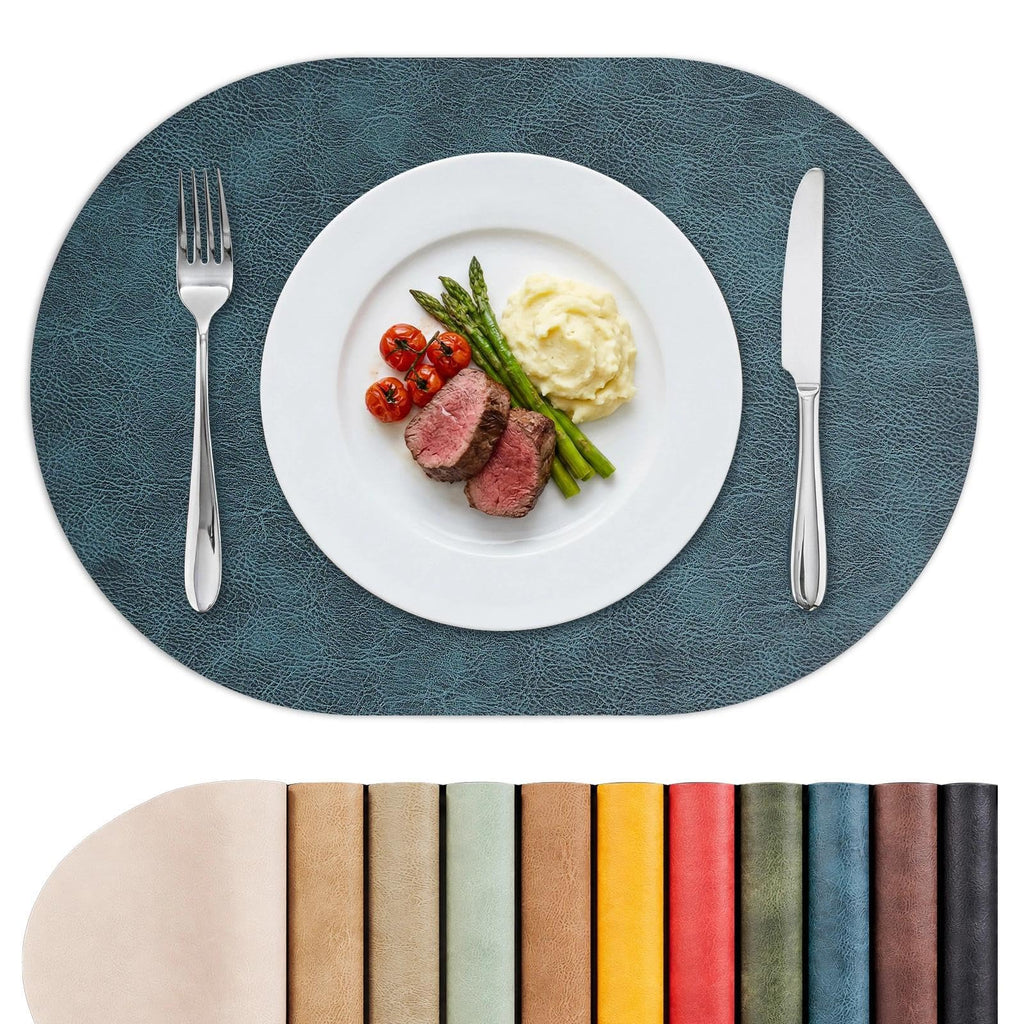MOSAYT Vinyl Faux Leather Oval Placemats, Set of 6, Reddish Brown