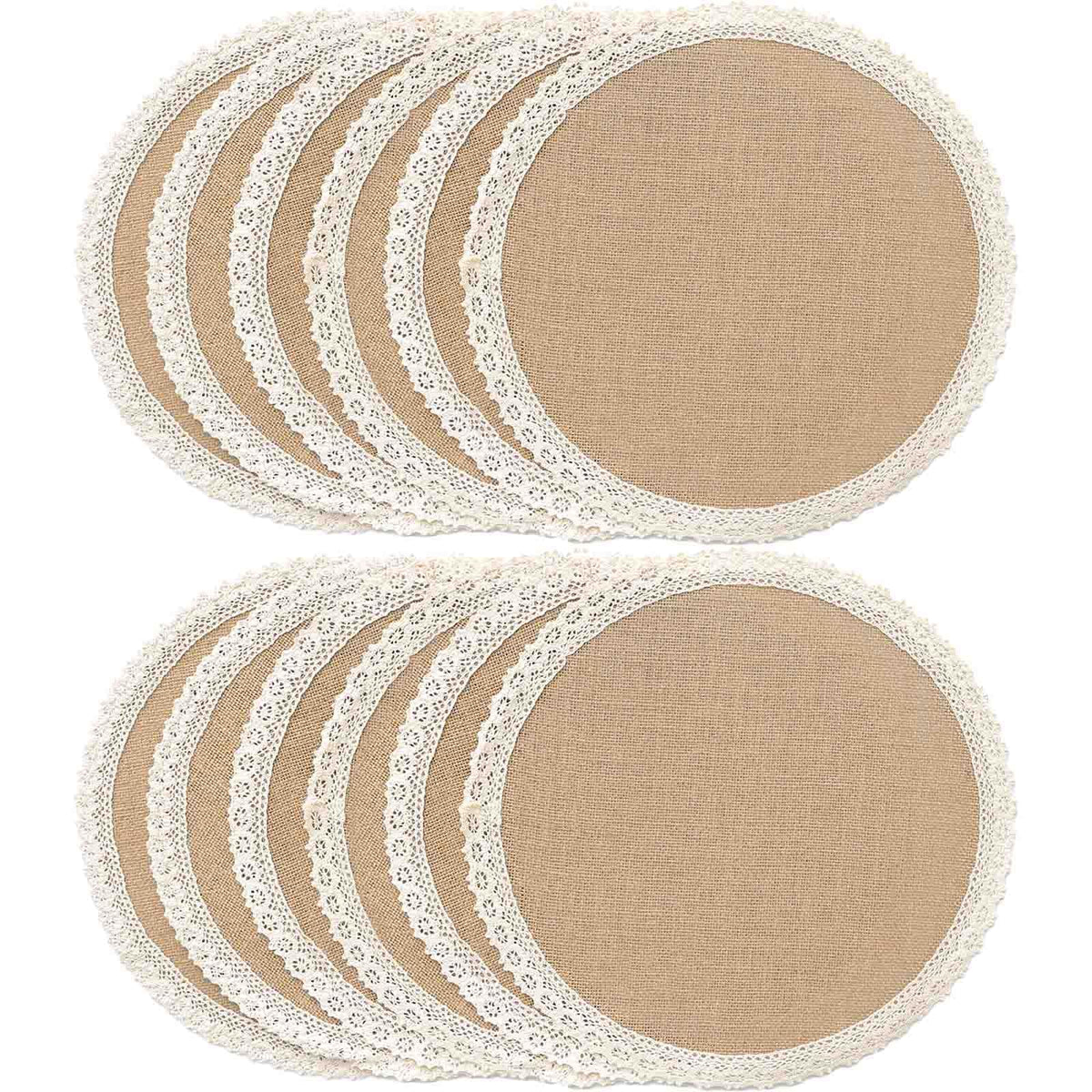 FunWheat Burlap Round Braided Placemats Set of 12 for Dining Tables 15 Inch Heat Resistant Jute Table Mats Farmhouse Woven Fabric Natural Place mats (Brown Jute Lace)