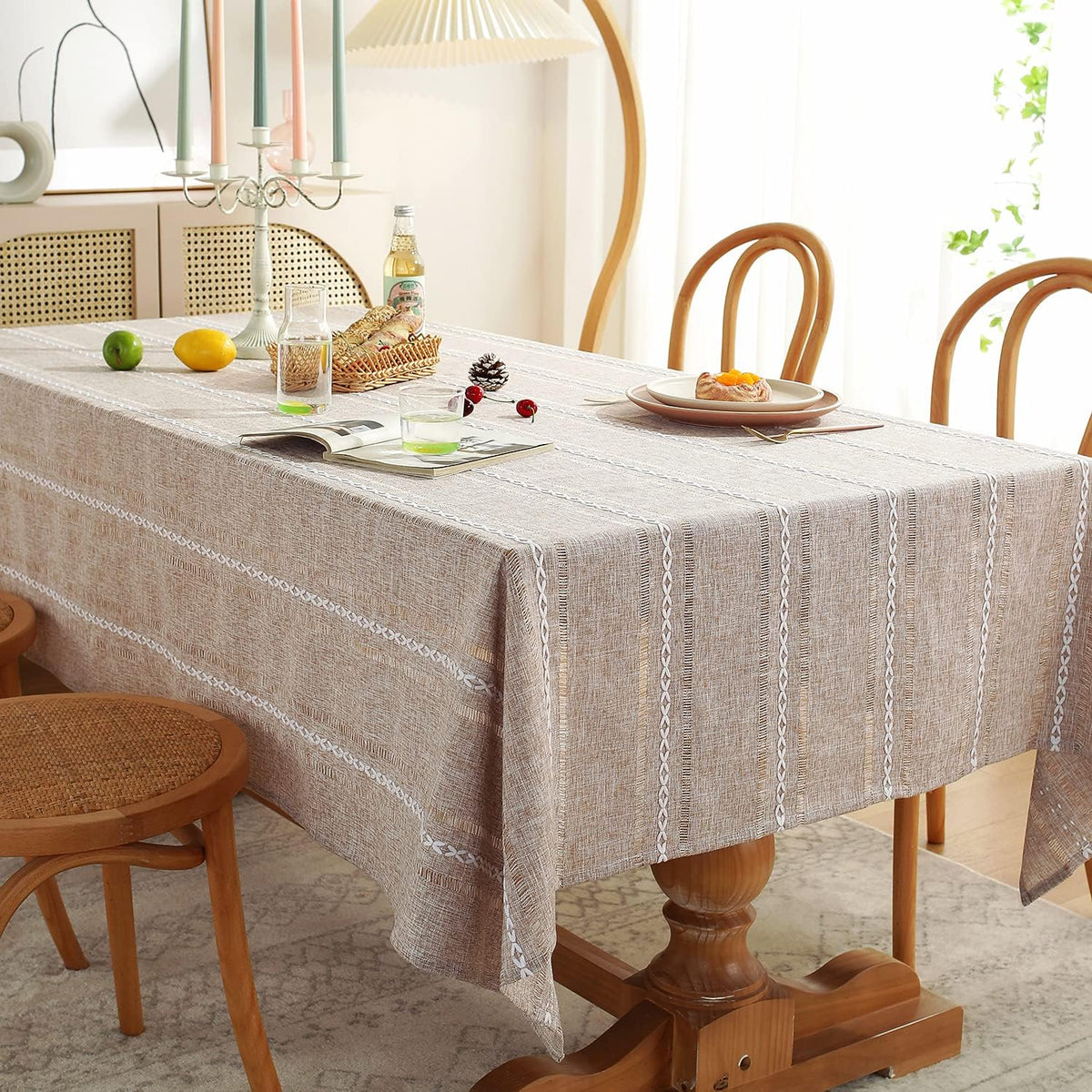 Chassic 60 x 84 inches Farmhouse Style Linen tablecloths, Wrinkle Resistant Washable Dining Room Table Cloths for Rectangle Tables - Hemstitch Light Coffee