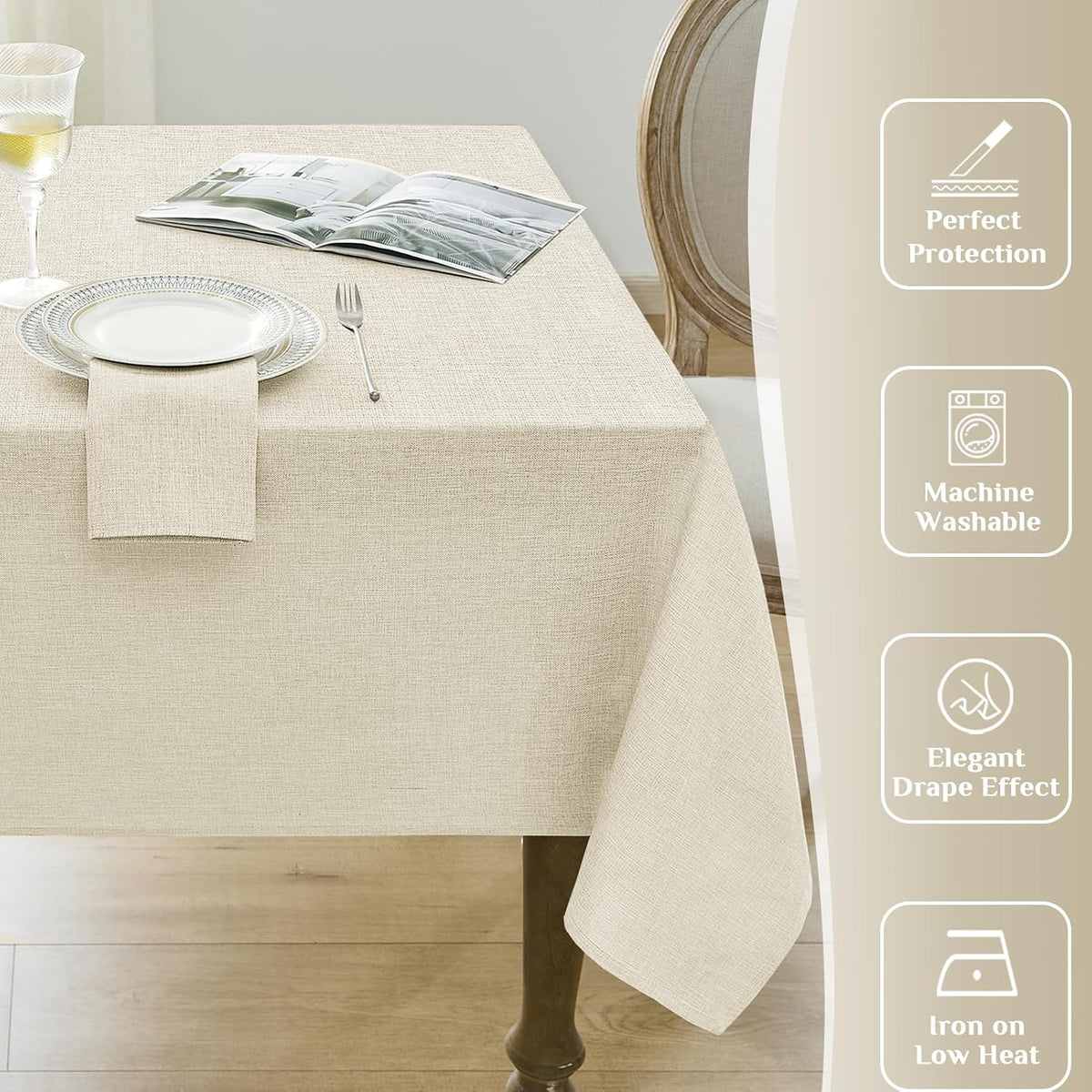 Softalker Cream Tablecloths Rectangular 84x60 inch, Faux Linen Outdoor Table Cloth Stain Resistant & Shrink-Proof, Washable Table Cover for 6 Foot Rectangle Table Decor for Summer, Farmhouse Style