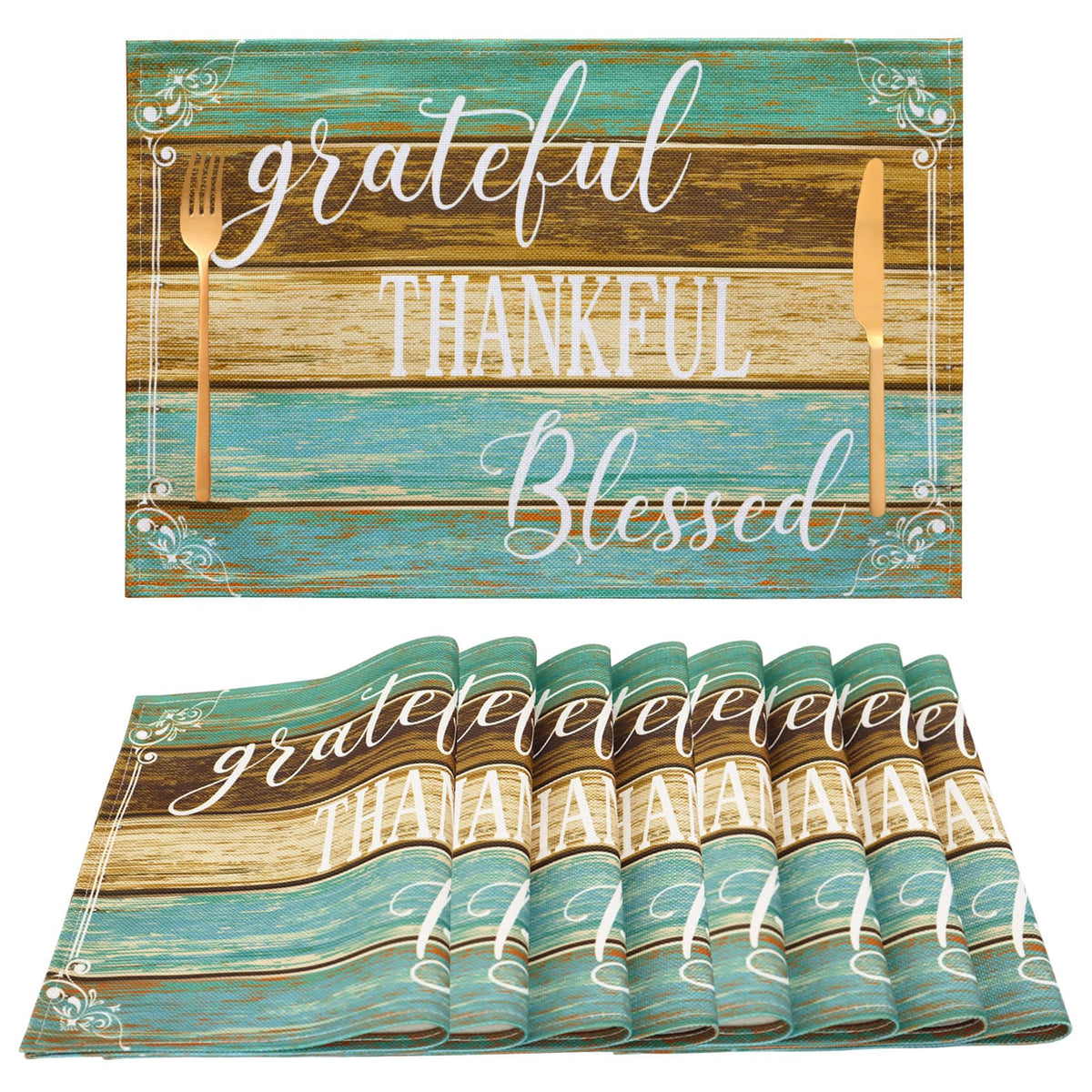Farmhouse Teal Placemats Set of 4 Thankful Blessed Table Mats
