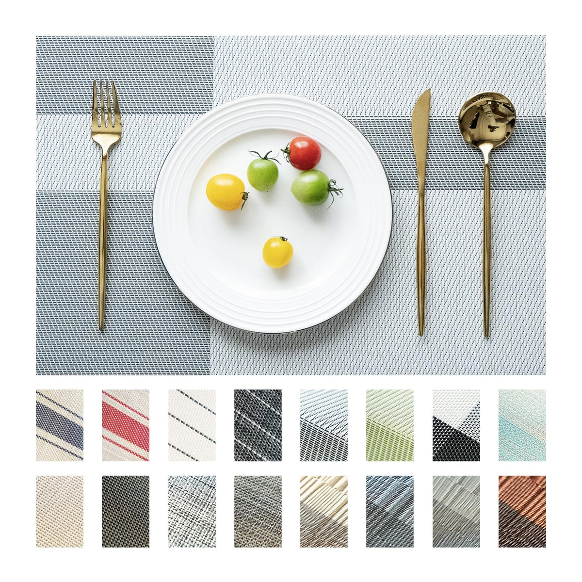 Placemats Set of 6 Vinyl/Plastic Woven Place Mats for Kitchen Table Indoor/Outdoor Washable Placemat Wipeable Dining Table Mats (Aurora Gold,6)