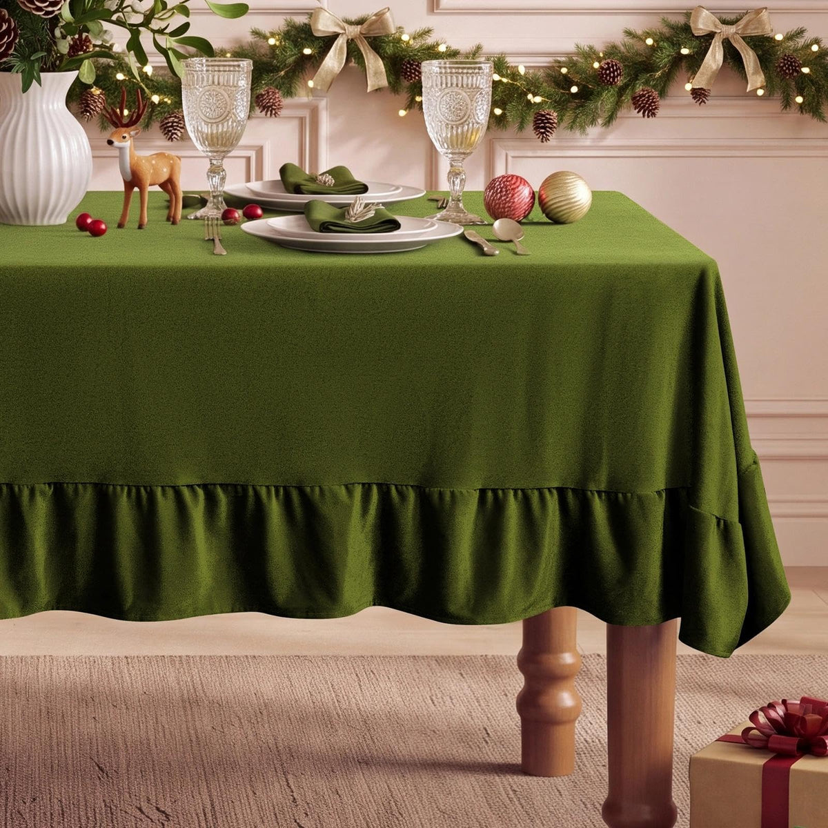Romanstile Velvet Ruffle Rectangle Tablecloth, 60 x 84 Inch Olive Green