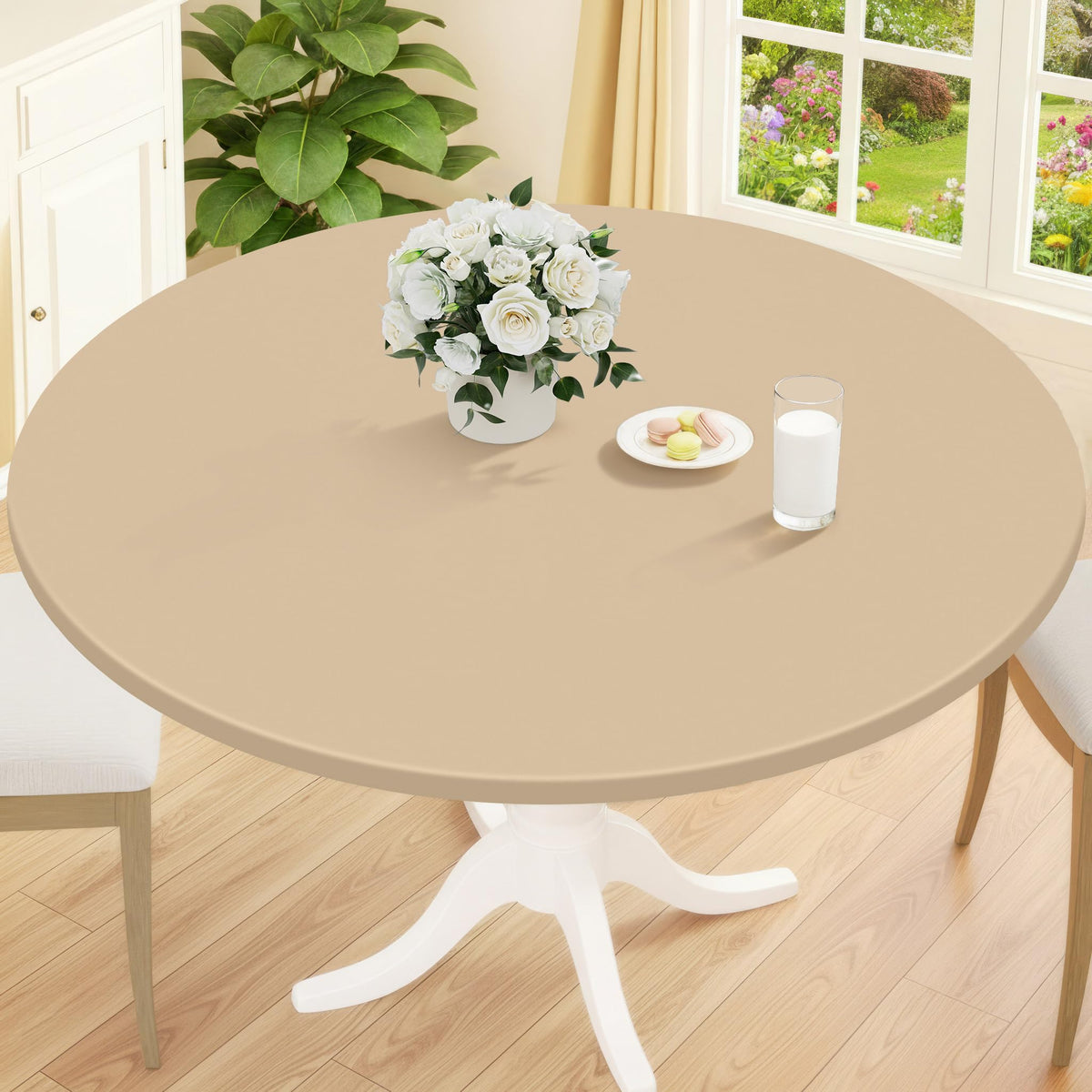 Smiry Round Picnic Tablecloth, Waterproof Elastic Fitted Table Covers for 45" - 56" Tables, Wipeable Flannel Backed Vinyl Tablecloths for Camping, Indoor, Outdoor, Brown