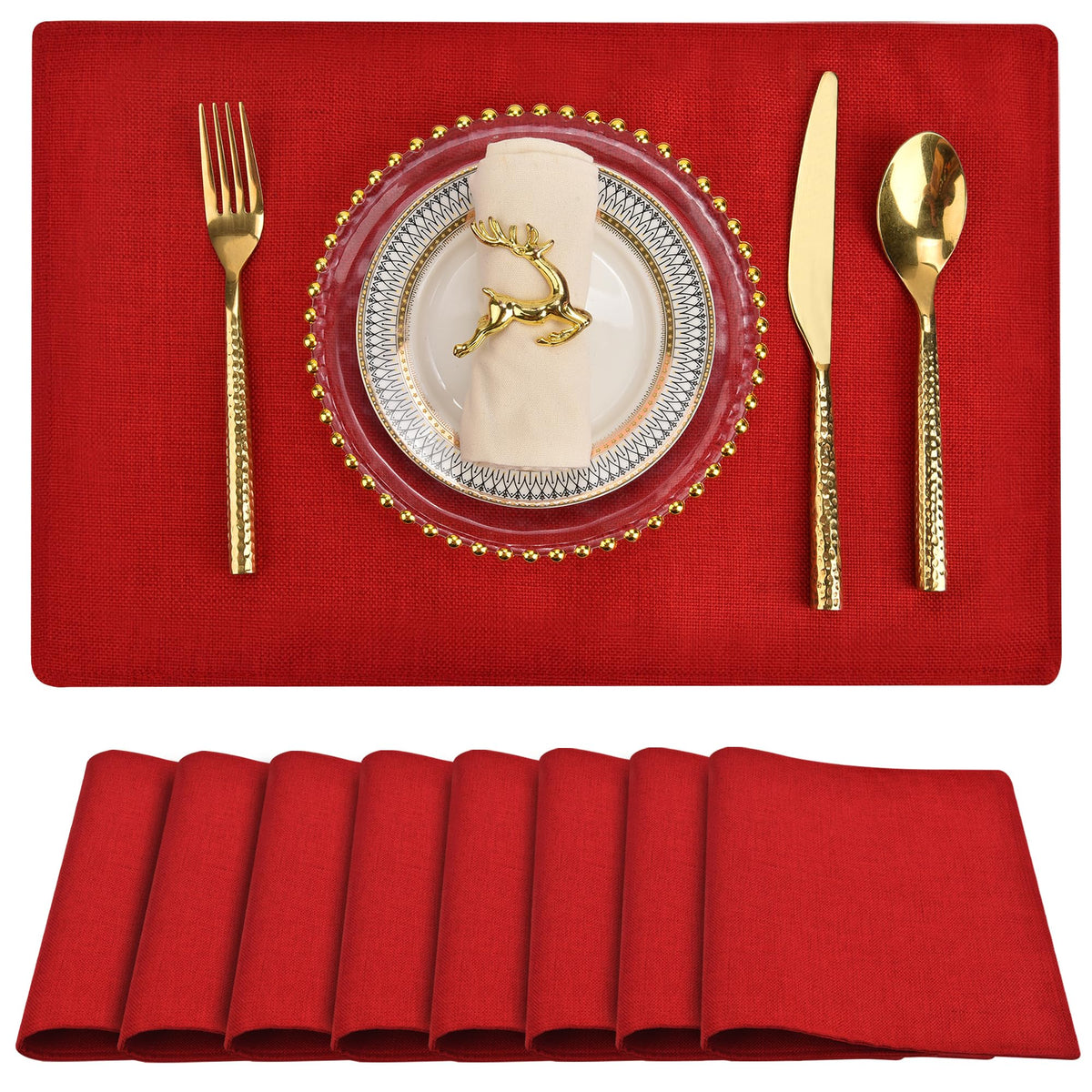 SLKQG Beige Faux Cotton Linen Placemats Set of 6, Heat Resistant Washable Double Layer Cloth Place Mats for Dining Table, Wrinkle Resistant Linen Textured Farmhouse Kitchen Decor（6，Beige）