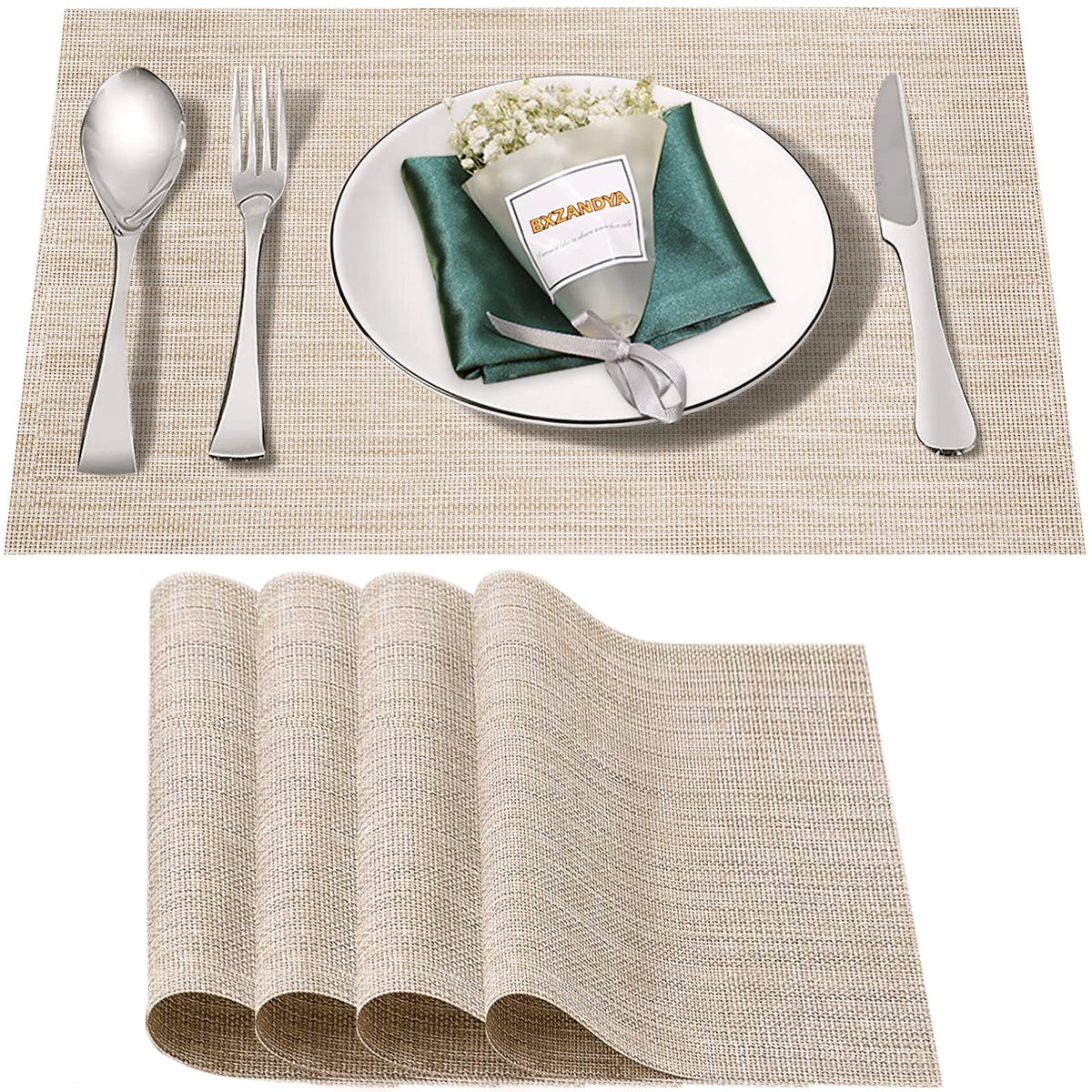 Beige Vinyl Placemats Set of 6,Washable Dining PVC Table Mats