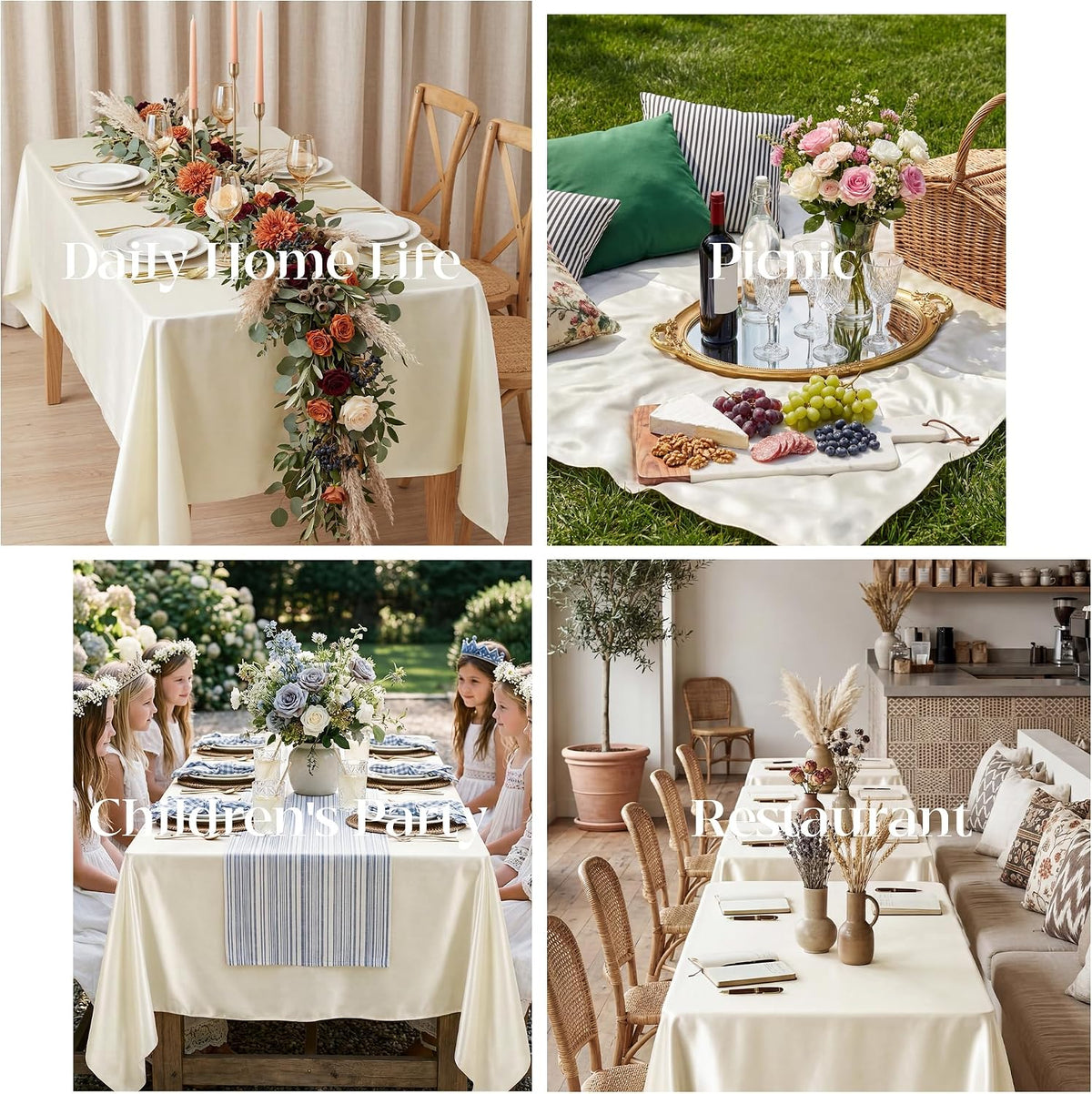 4 Pack Ivory Satin Tablecloth 58 x 102 Inch Overlay Seamless Design