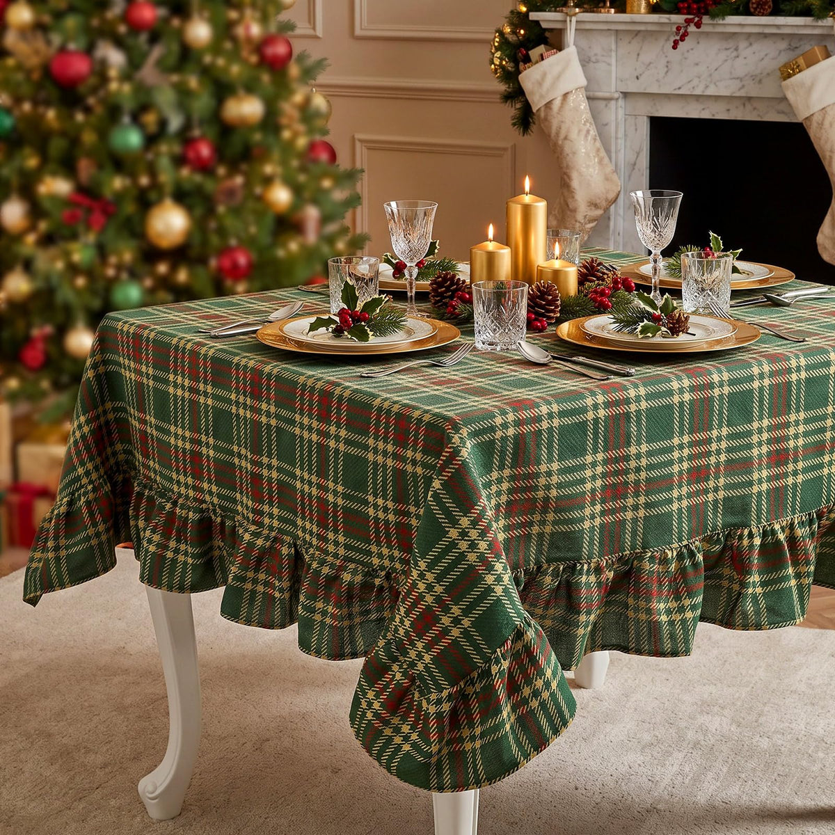 Mindsoft Christmas Plaid Tablecloth with Ruffel, Rectangle Red Green Checkered Table Cover, 52 x 70 Inch, Cotton Polyester Blend Tablecloth for Xmas Winter Holiday Party Kitchen Dining Decor (Red)