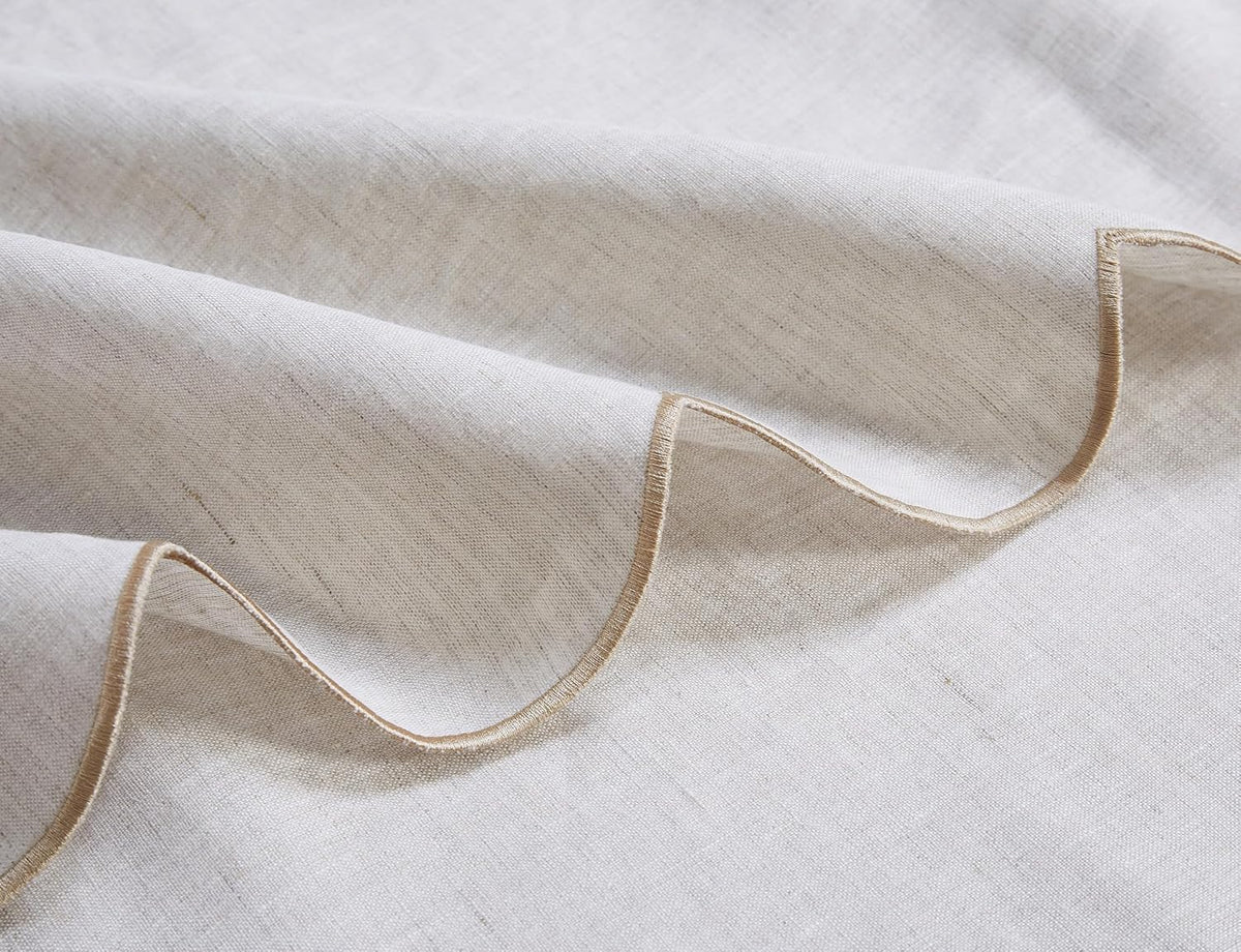 100% French Flax Linen Scalloped Embroidery Rectangle Tablecloths 120Lx60W Inch for Dinners, Parties, Spring, Machine Washable, 10-12 Sets, 60''x120'', Linen(Edges-Gold)