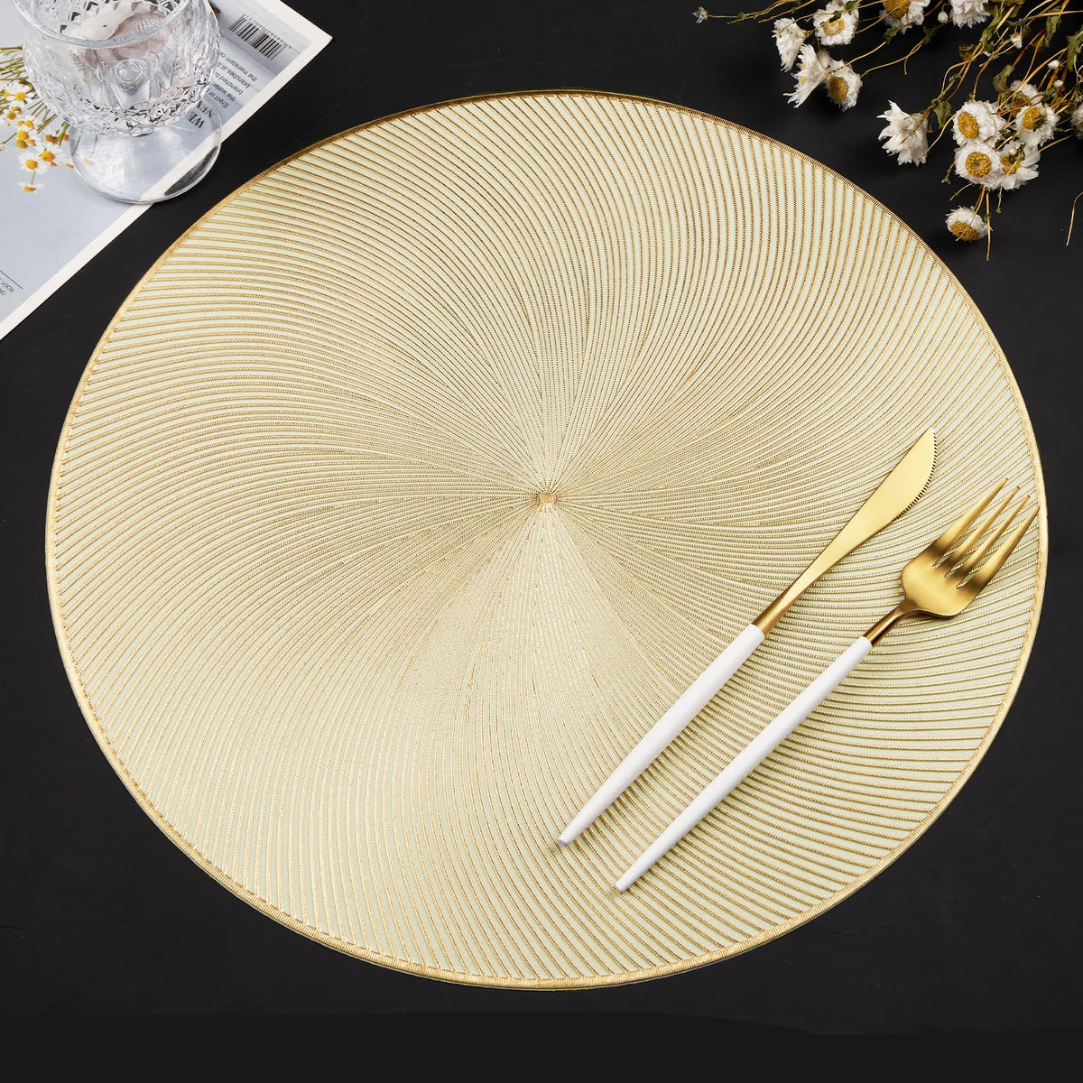 Gold Placemats Set of 6, Creative 3D Flower Placemats Waterproof Oil-Proof